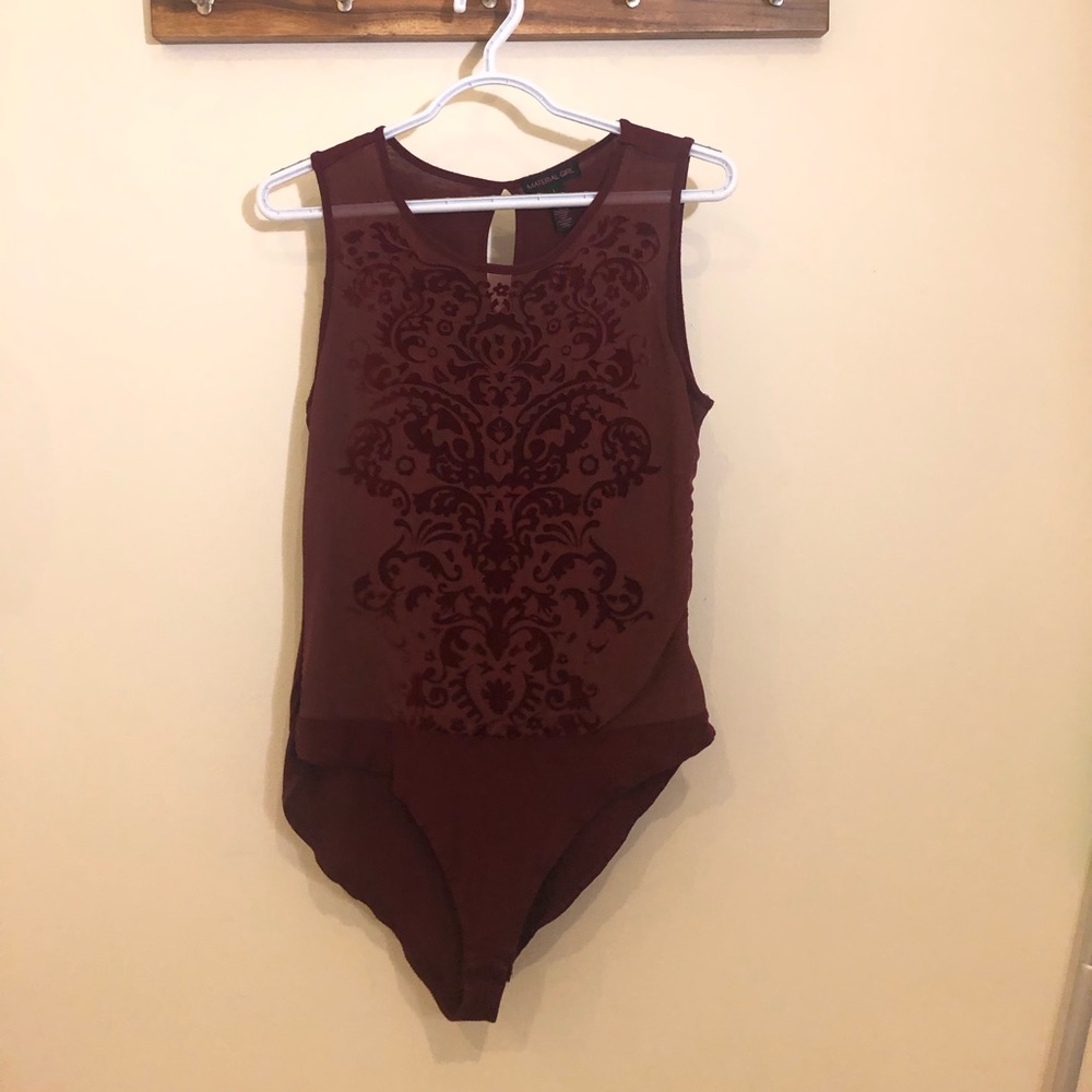 Maroon Onesie with Mesh Sweetheart Neckline